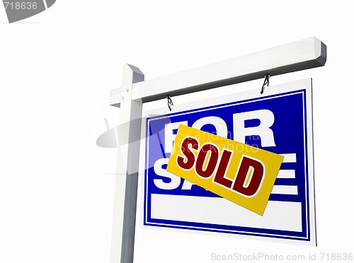Image of Blue Sold For Sale Real Estate Sign on White.