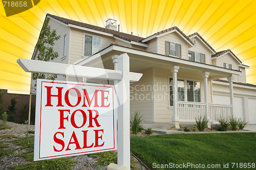 Image of Home For Sale sign with Yellow Star-burst Background.