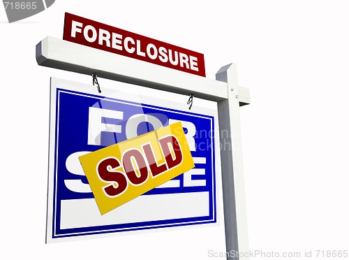 Image of Blue Sold Foreclosure Real Estate Sign on White