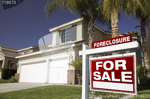 Image of Red Foreclosure For Sale Real Estate Sign and House