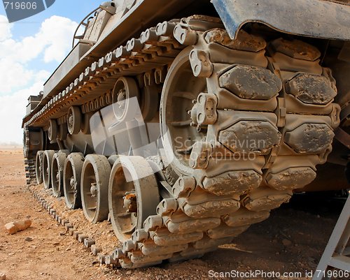 Image of Tracks of the Israeli Magach tank in the desert closeup