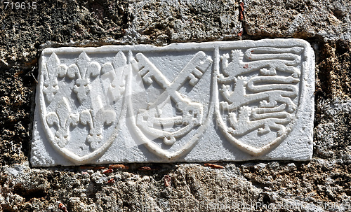 Image of Shield on the walls of the Rhodes medieval fortress. Greece.