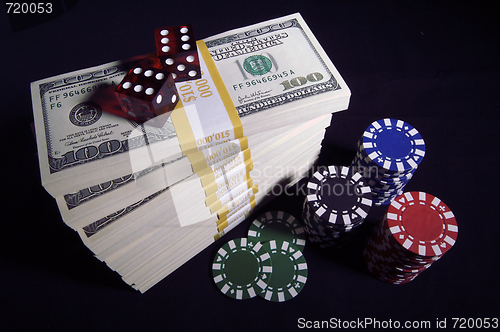 Image of Hundred Dollar Bills, Red Dice & Poker Chips