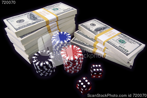 Image of Hundred Dollar Bills, Red Dice & Poker Chips