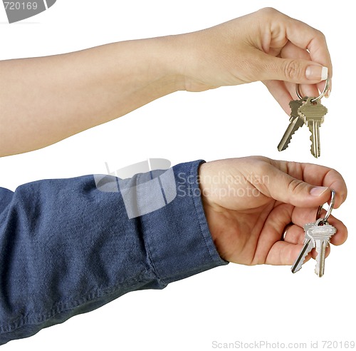 Image of Man and Woman handing over house keys on a white background.