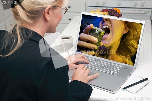 Image of Woman In Kitchen Using Laptop - Entertainment