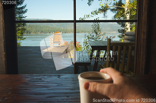 Image of Cup of Coffee and View Of Lake