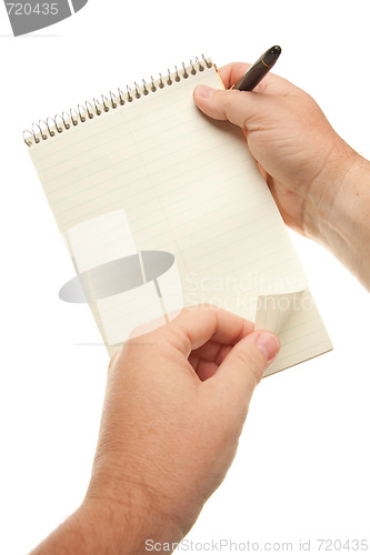 Image of Male Hands Holding Pen and Pad of Paper