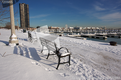 Image of Empty Snowy Bench in Chicago