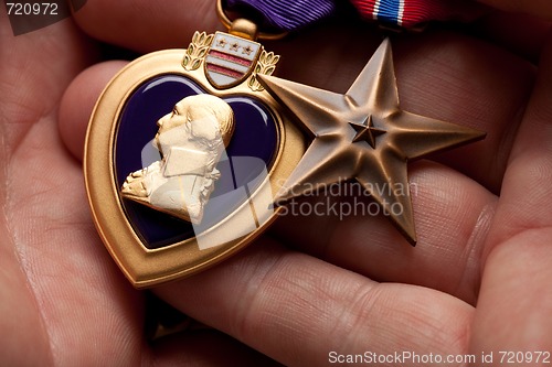 Image of Man Holding Purple Heart and Bronze War Medals