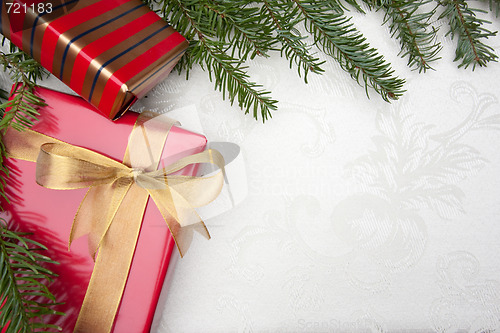 Image of Silk Christmas Background with Gilfs and Pine Branches
