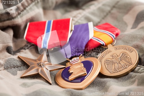 Image of Bronze, Purple Heart and National Defense Medals