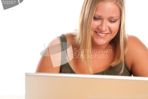 Image of Beautiful Smiling Blonde Woman Using Laptop