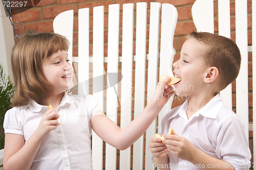 Image of Sister and Brother Eating an Apple