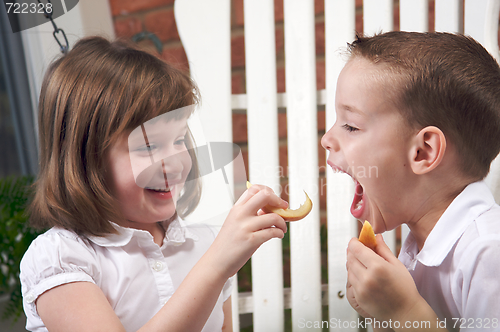 Image of Sister and Brother Eating an Apple