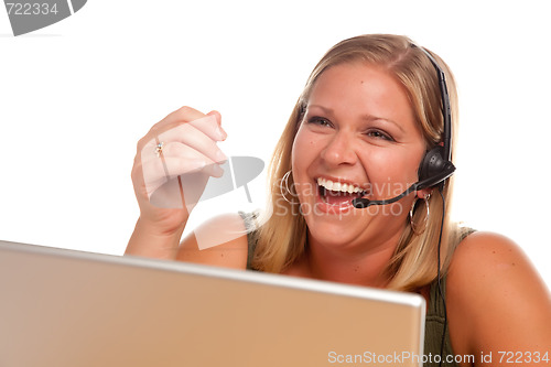Image of Attractive Customer Support Woman Laughs