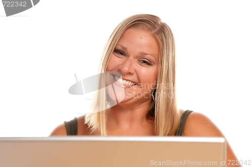 Image of Beautiful Smiling Blonde Woman Using Laptop
