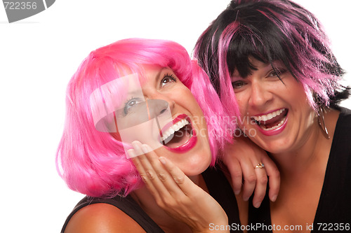 Image of Portrait of Two Pink And Black Haired Smiling Girls