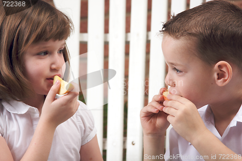Image of Sister and Brother Eating an Apple