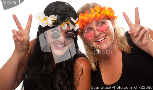 Image of Two Beautiful Hippie Girls with Peace Signs