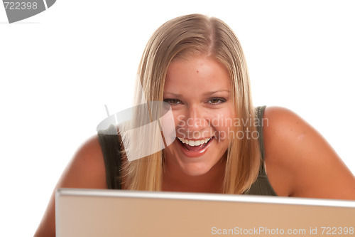 Image of Beautiful Smiling Blonde Woman Using Laptop