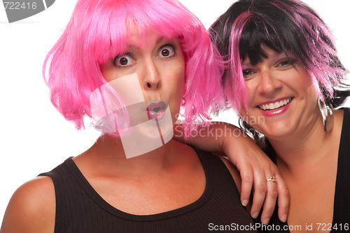 Image of Portrait of Two Pink And Black Haired Smiling Girls