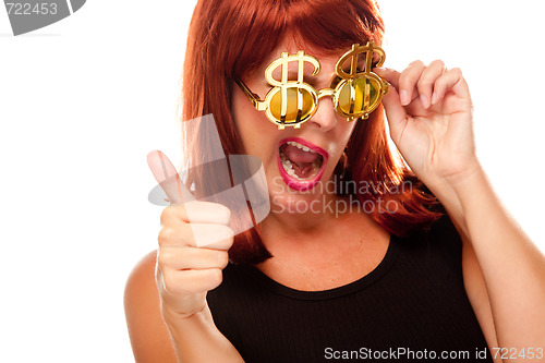 Image of Red Haired Girl with Bling-Bling Dollar Glasses