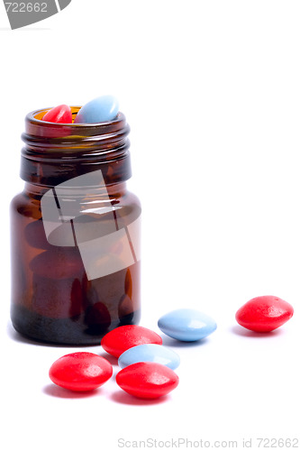 Image of glass bottle with red and blue pills