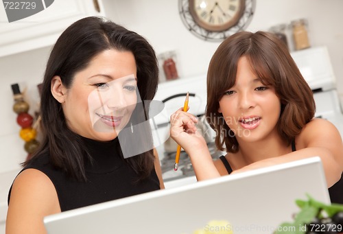 Image of Attractive Hispanic Mother & Daughter on the Laptop
