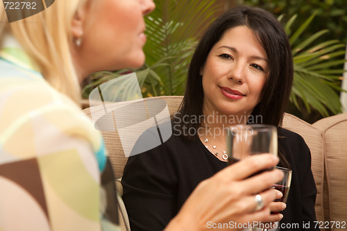 Image of Two Girlfriends Enjoy Wine on the Patio