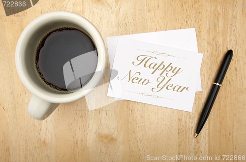 Image of Happy New Year Note Card, Pen and Coffee