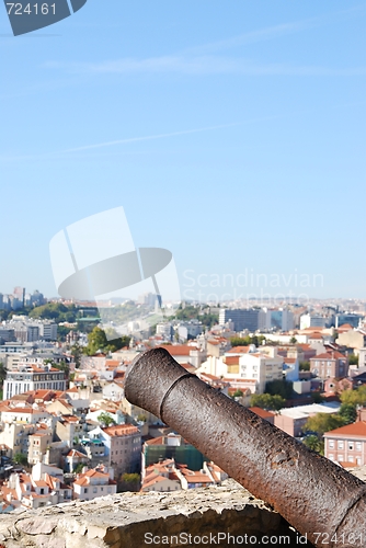 Image of Cityscape of Lisbon in Portugal with cannon weapon