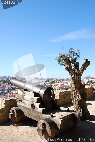 Image of Cityscape of Lisbon in Portugal with cannon weapon