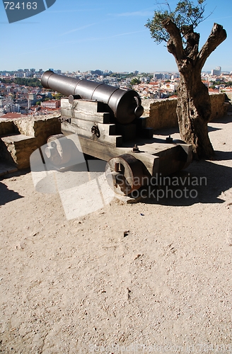 Image of Cityscape of Lisbon in Portugal with cannon weapon