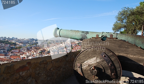 Image of Cityscape of Lisbon in Portugal with cannon weapon