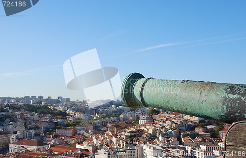 Image of Cityscape of Lisbon in Portugal with cannon weapon