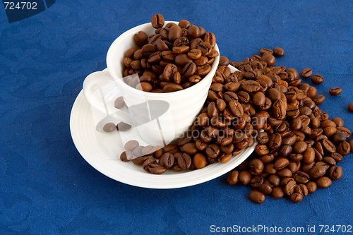 Image of cup with coffee and grain expressed on blue background