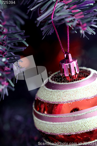 Image of Christmas ornaments on tree.