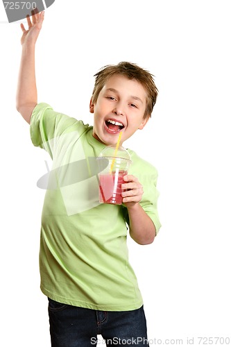 Image of Jumping child holding healthy fruit juice