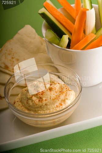 Image of hummus dip with pita brad and vegetable