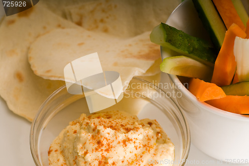 Image of hummus dip with pita brad and vegetable