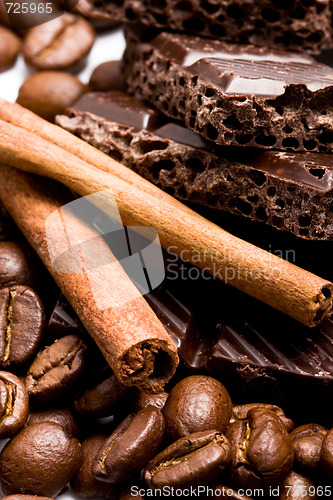 Image of chocolate, coffee and cinnamon sticks