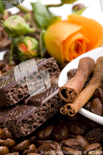 Image of chocolate, coffee and cinnamon sticks