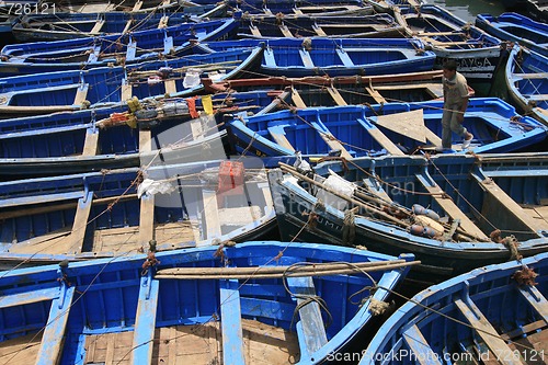 Image of Blue fishing boats in Essaouira port, Morocco