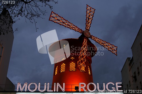 Image of The Moulin Rouge cabaret by night, Paris, France