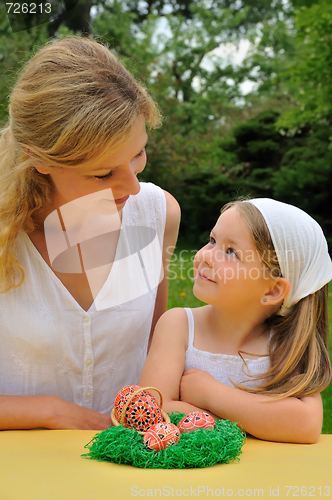 Image of Young mother and daughter having Easter time