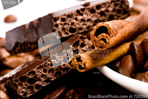 Image of chocolate, coffee and cinnamon sticks