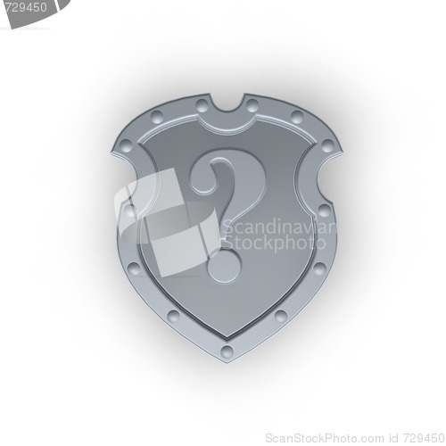 Image of metal shield with question mark