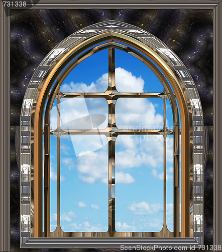 Image of gothic or scifi window with blue sky