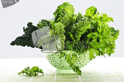 Image of Dark green leafy vegetables in colander